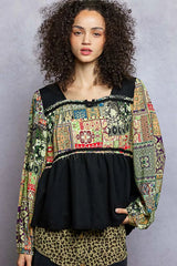 POL Balloon Sleeve Peplum Blouse with Trim Detail Black OutfitFlow
