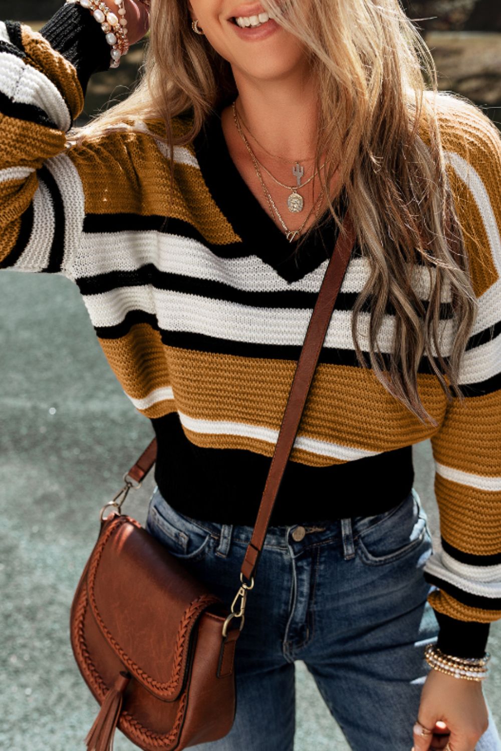 Outfit Flow - Contrast Stripes V Neck Long Sleeve Sweater