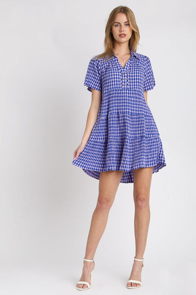 Umgee Full Size Gingham Tiered Button Detail Short Sleeve Dress Plus Size OutfitFlow
