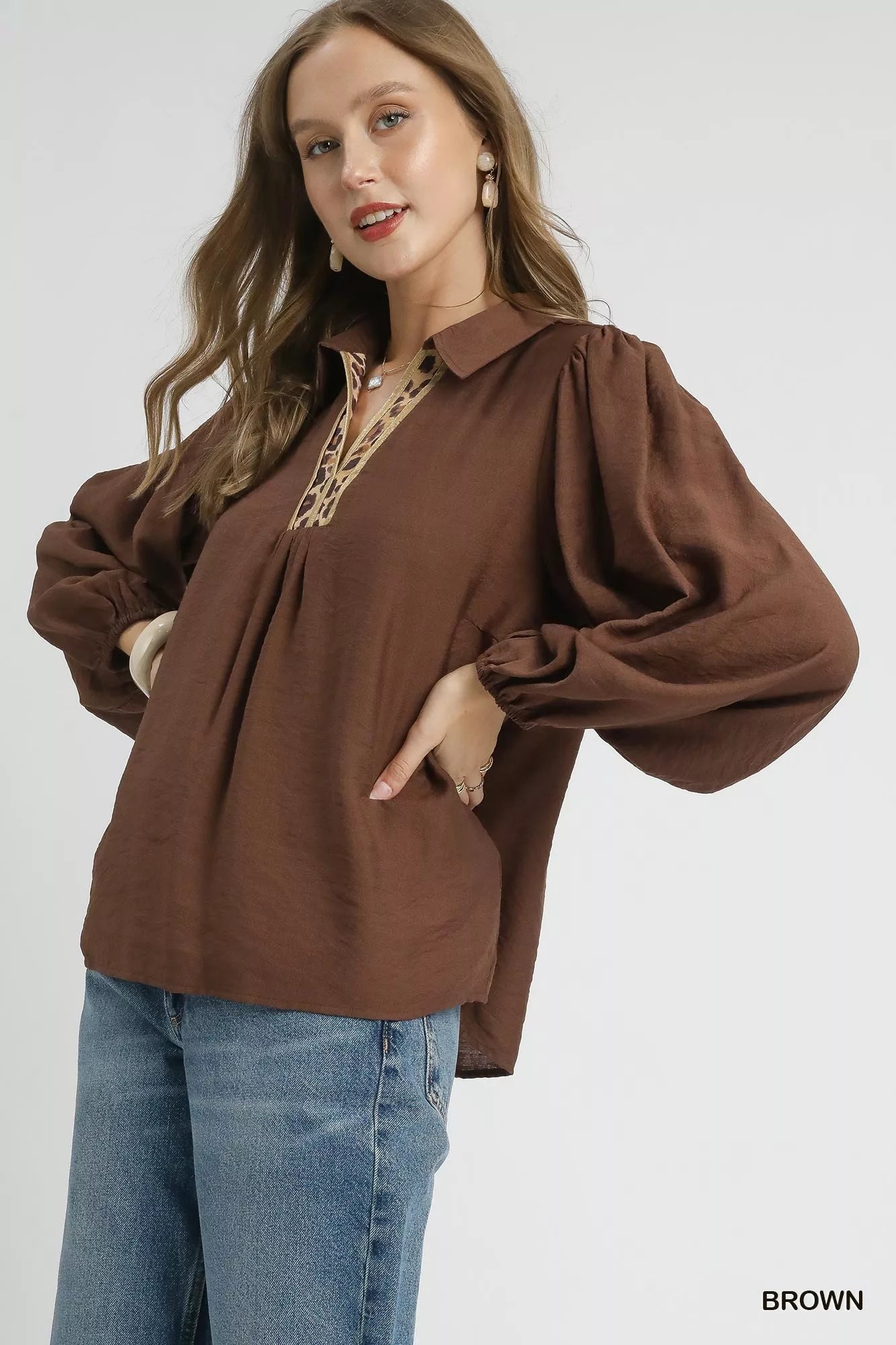 Umgee Long Sleeve Blouse with Leopard Print Trim OutfitFlow