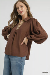 Umgee Long Sleeve Blouse with Leopard Print Trim OutfitFlow