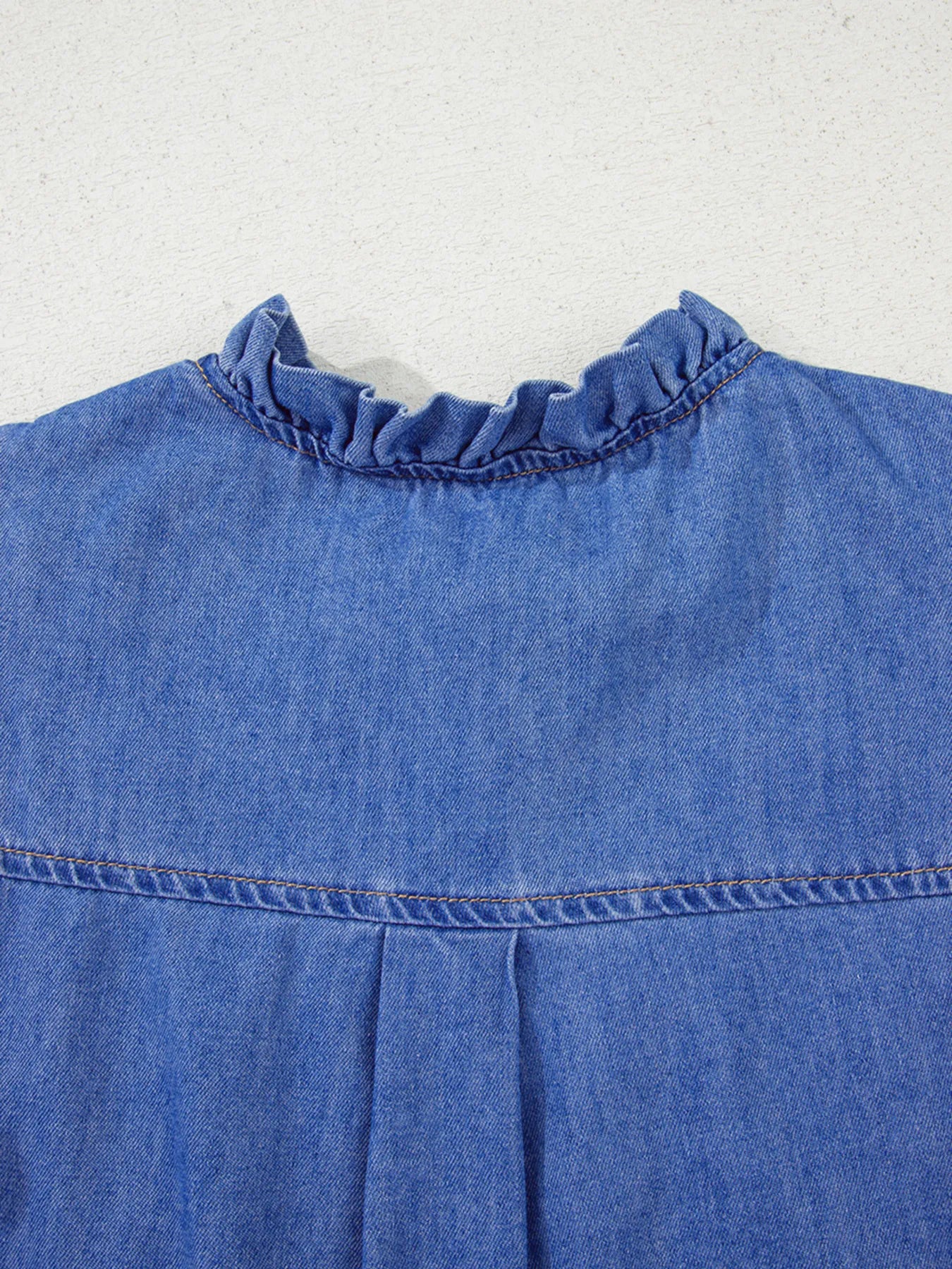 Mineral Wash Cap Sleeve Frilled Button Up Denim Shirt OutfitFlow