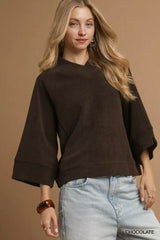 Umgee Textured Knit V-Neck Top CHOCOLATE Trendsi
