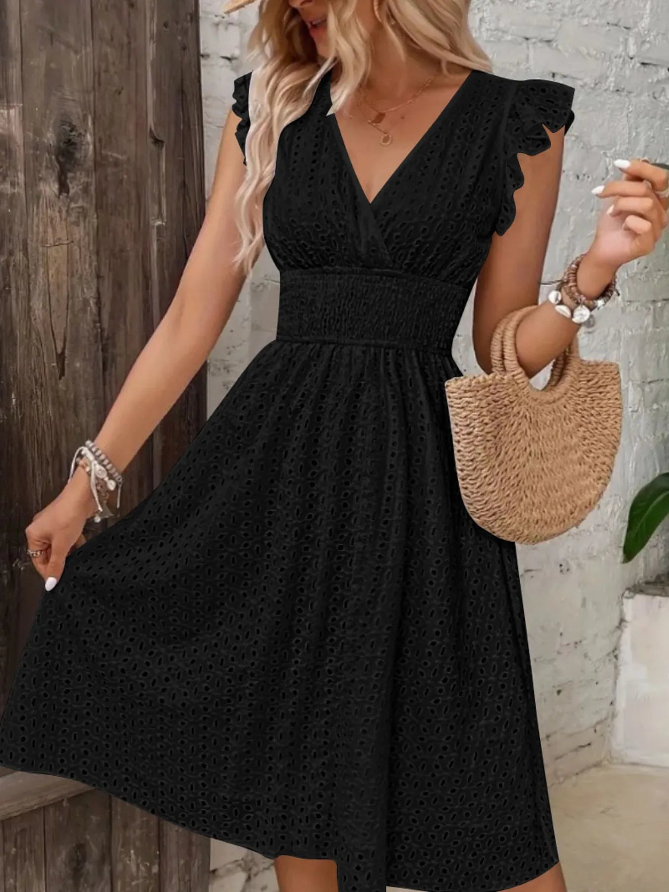 Eyelet Ruffled Cap Sleeve Mini Dress OutfitFlow