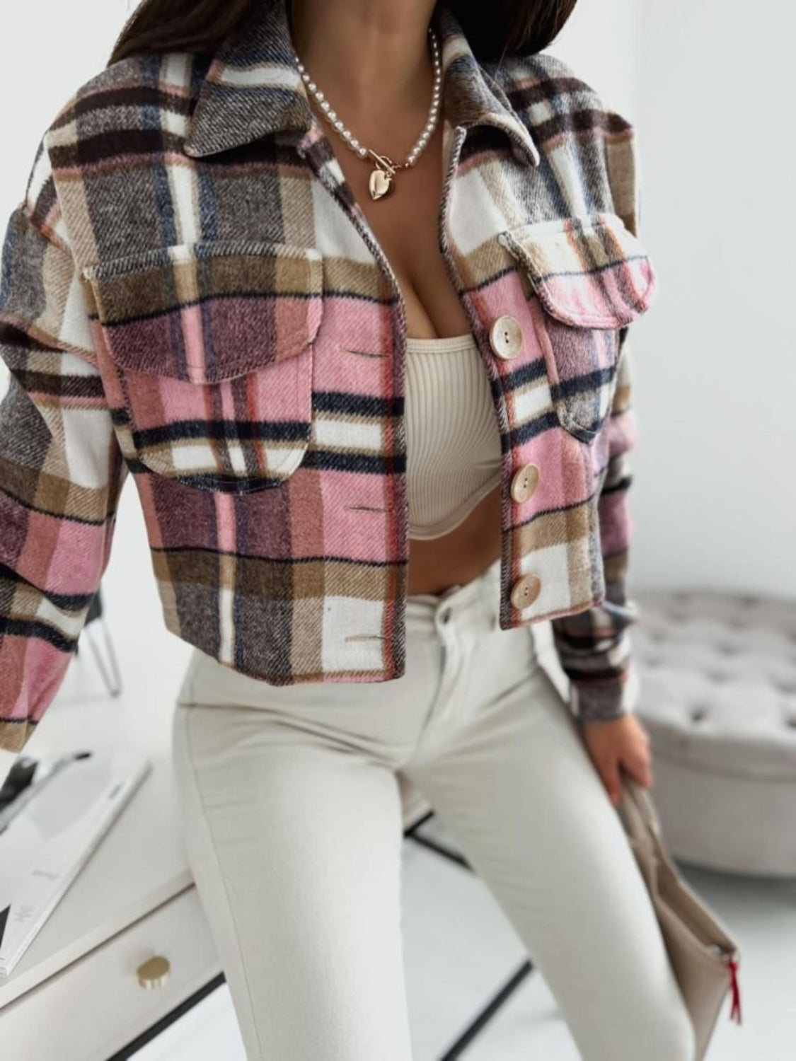 Pocketed Collared Neck Long Sleeve Plaid Jacket