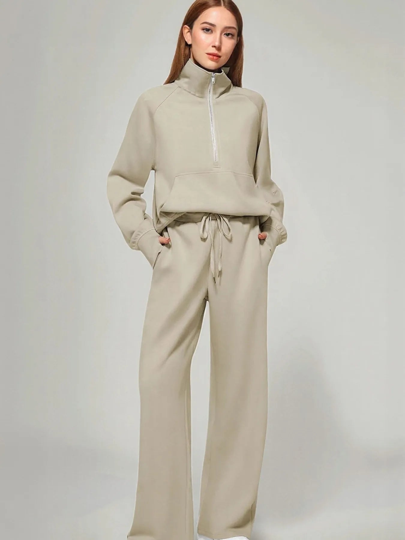 Half Zip Long Sleeve Top and Pants Set Khaki OutfitFlow