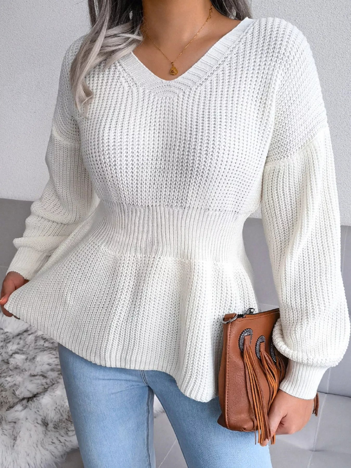 V-Neck Dropped Shoulder Sweater OutfitFlow