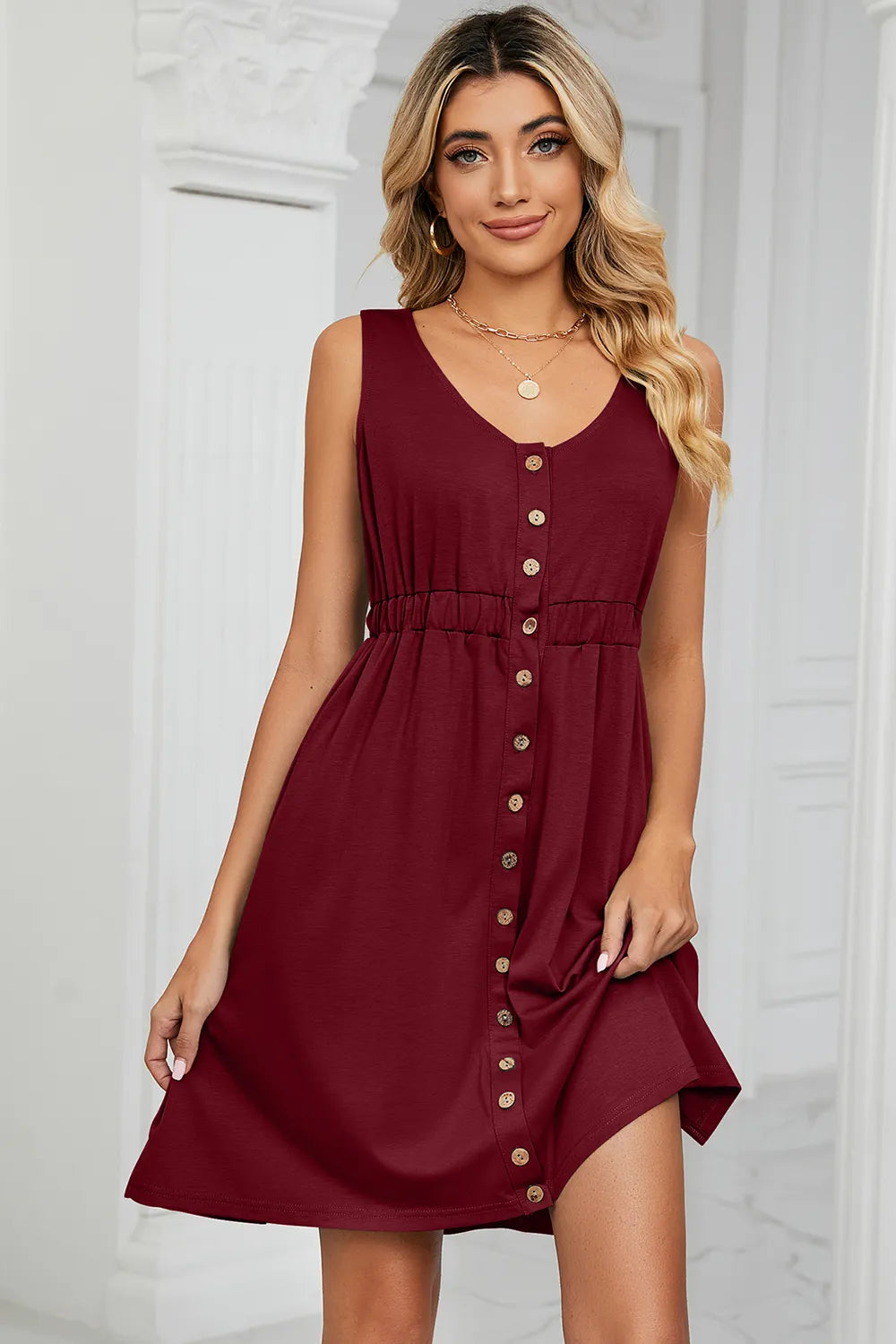 Buttoned Wide Strap Mini Dress OutfitFlow