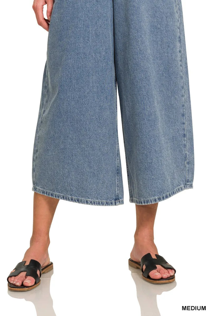 Zenana Denim Medium Washed Wide Leg Overalls Trendsi
