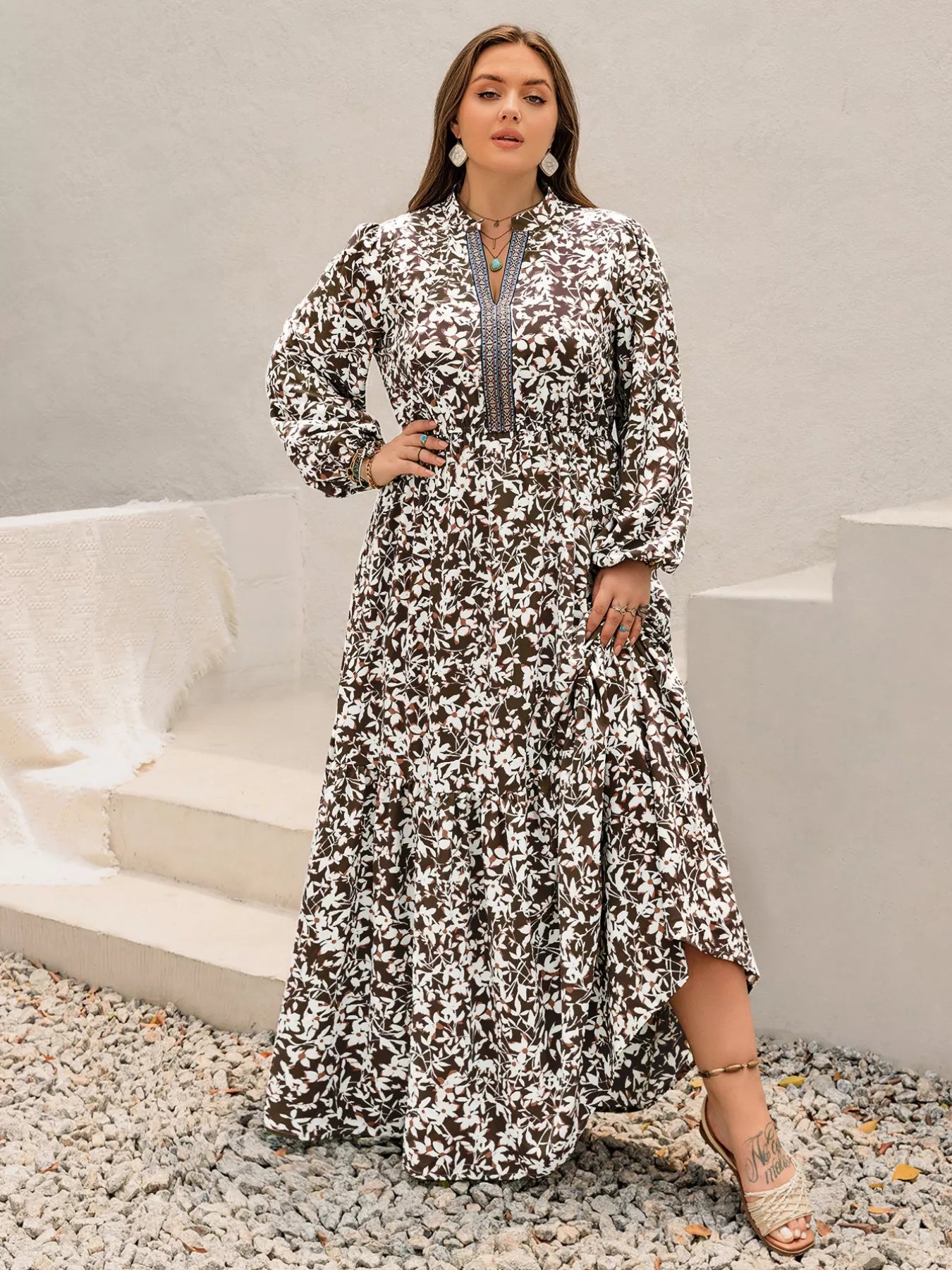 Plus Size Floral Print Long Sleeve Maxi Dress OutfitFlow