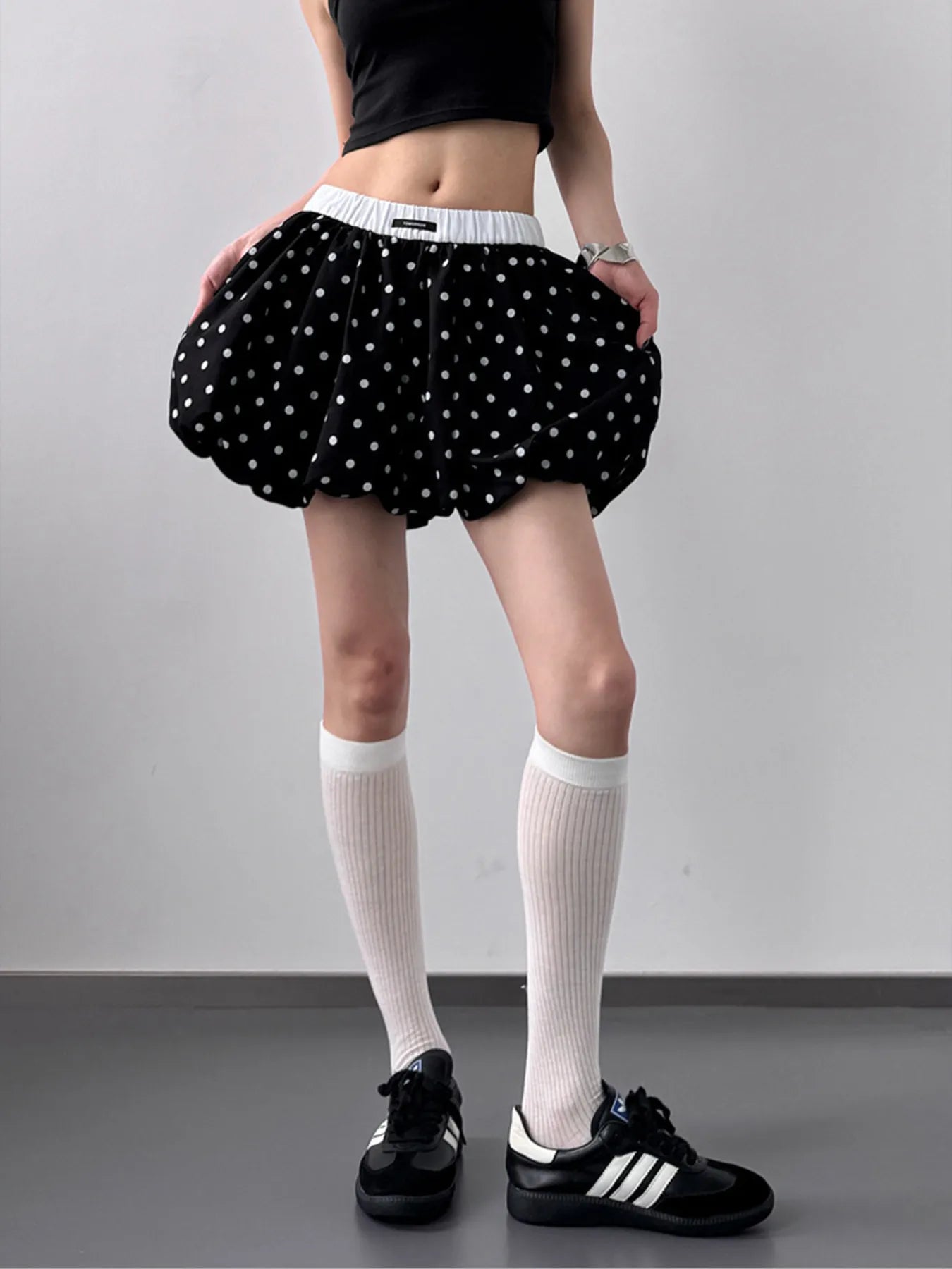 Polka Dot Bubble Shorts with Elastic Waistband OutfitFlow