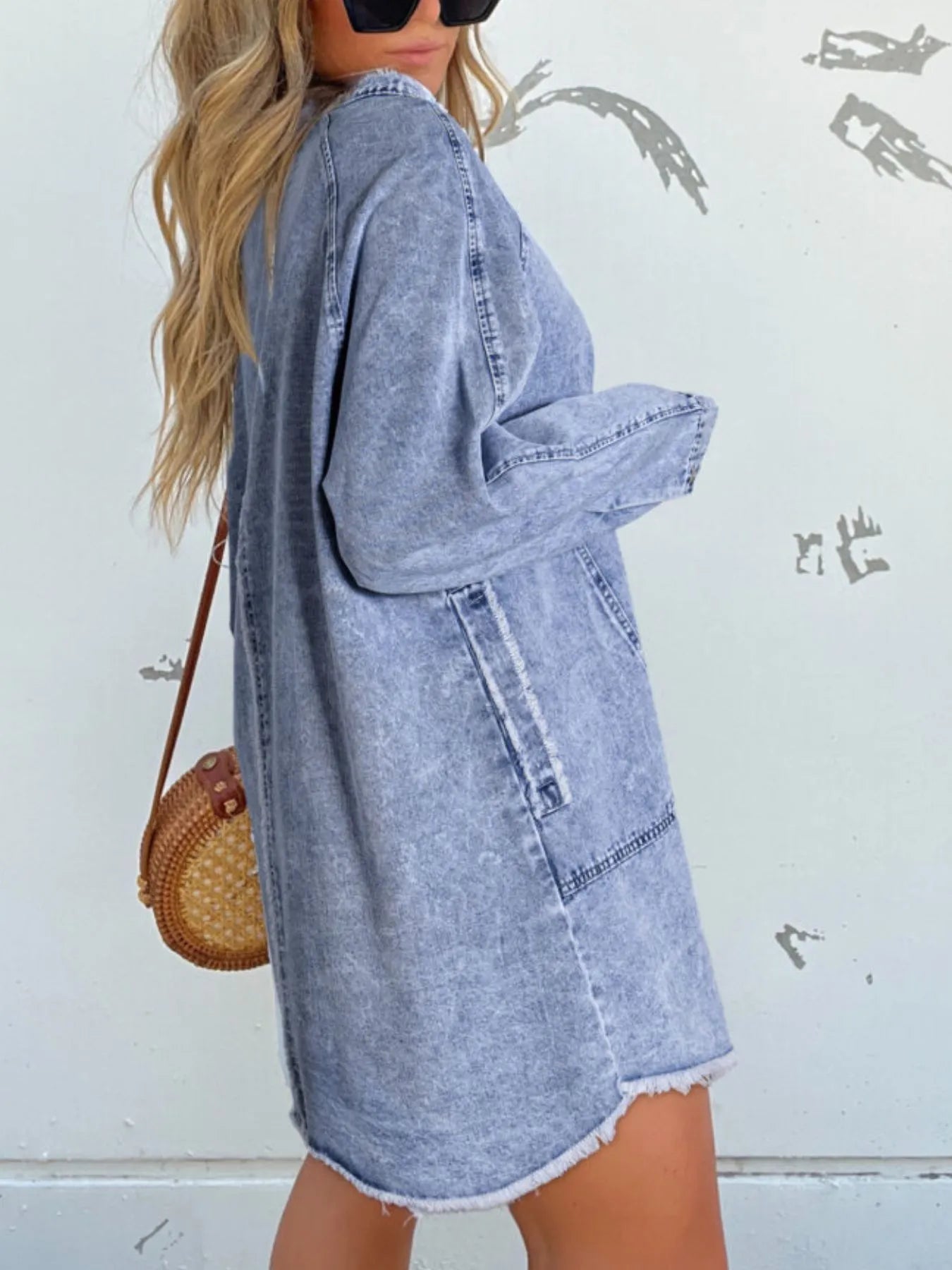 Full Size Button-Front Long Sleeve Denim Shirt Dress Plus Size OutfitFlow