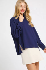 Umgee Turtle Neck Dolman Sleeve Side Slit Sweater with Contrast Detail OutfitFlow