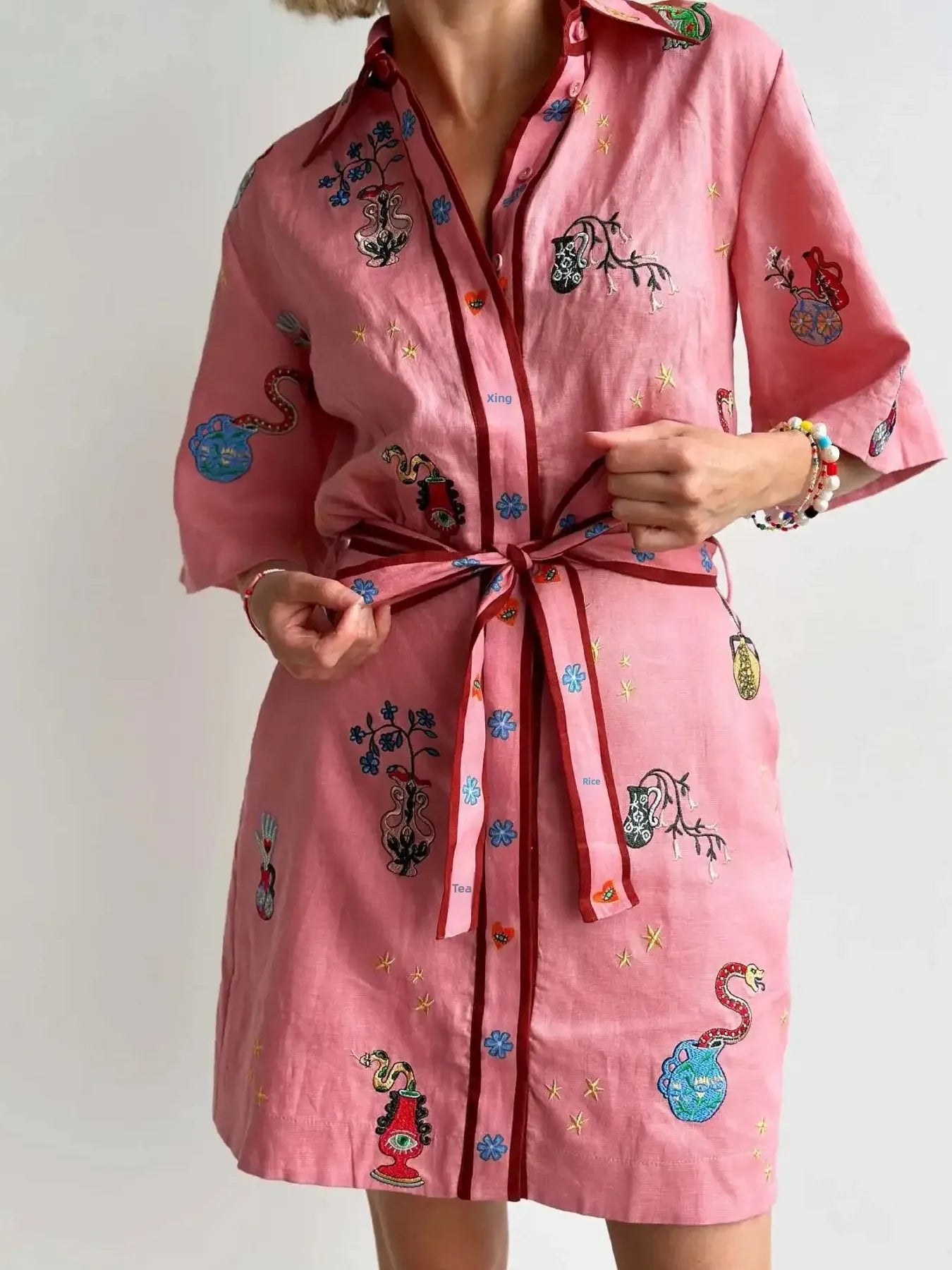 Embroidered Tie Waist Shirt Dress OutfitFlow