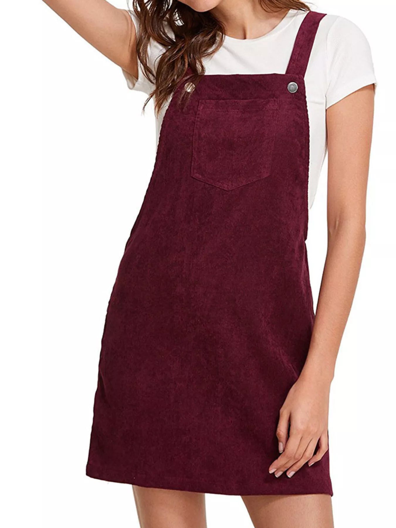 Corduroy Wide Strap Overall Dress Burgundy OutfitFlow