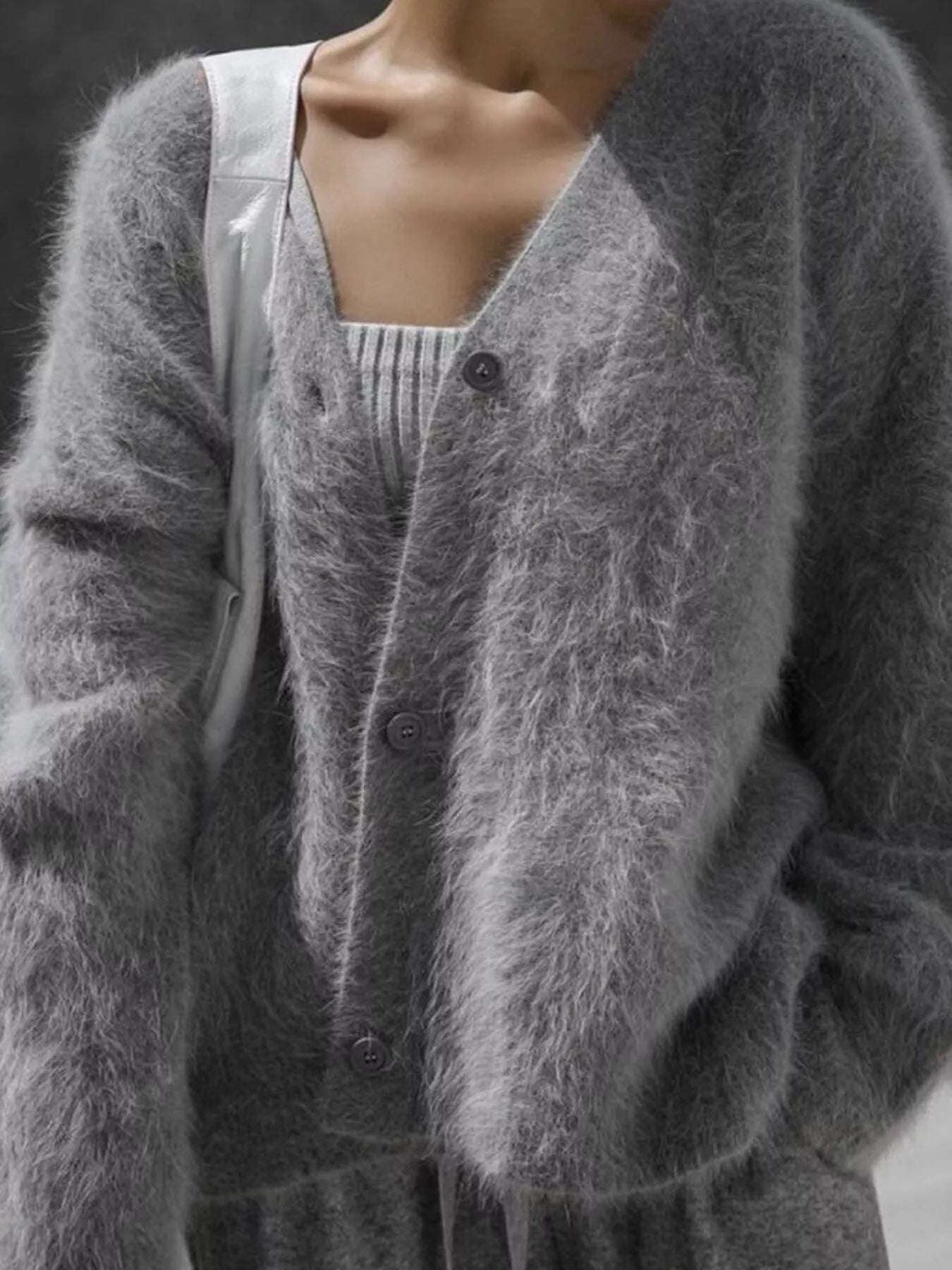 V Neck Button Down Fuzzy Knit Mohair Cardigan OutfitFlow