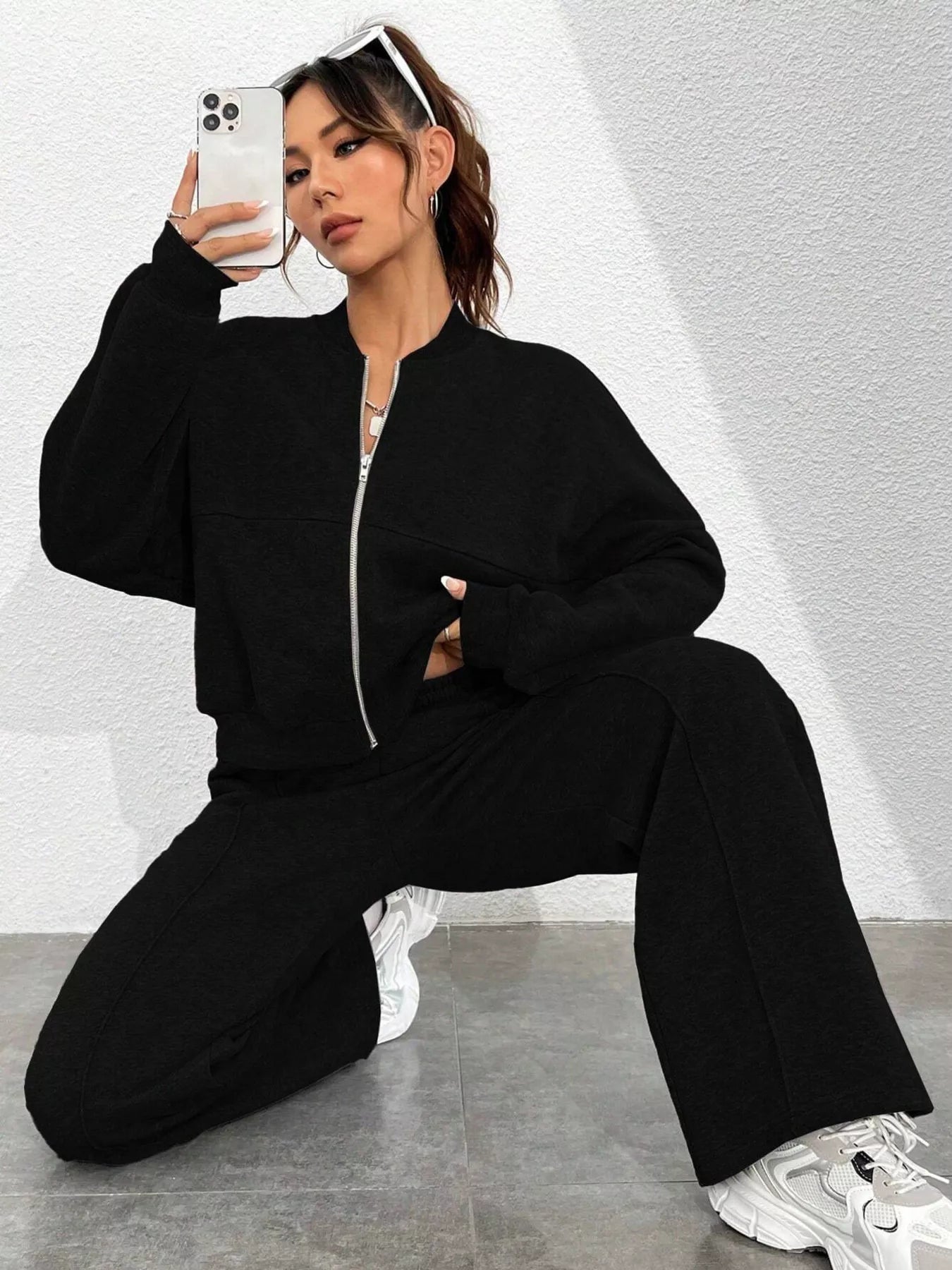 Casual Solid Color Zipper Jacket and Wide Leg Pants Set OutfitFlow