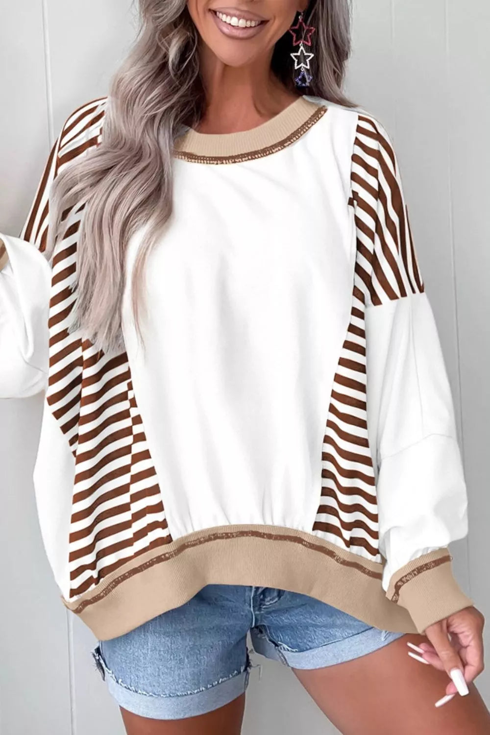 Stripe Colorblock Patchwork Contrast Stitching Sweatshirt OutfitFlow