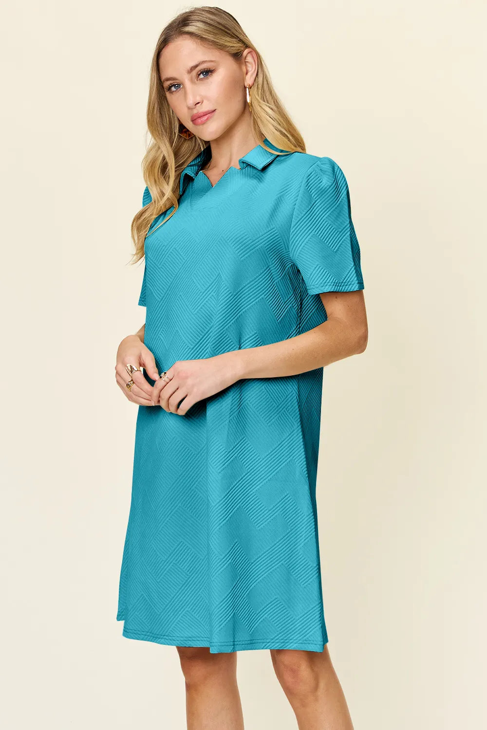 Double Take Full Size Texture Collared Neck Short Sleeve Dress Pastel Blue OutfitFlow