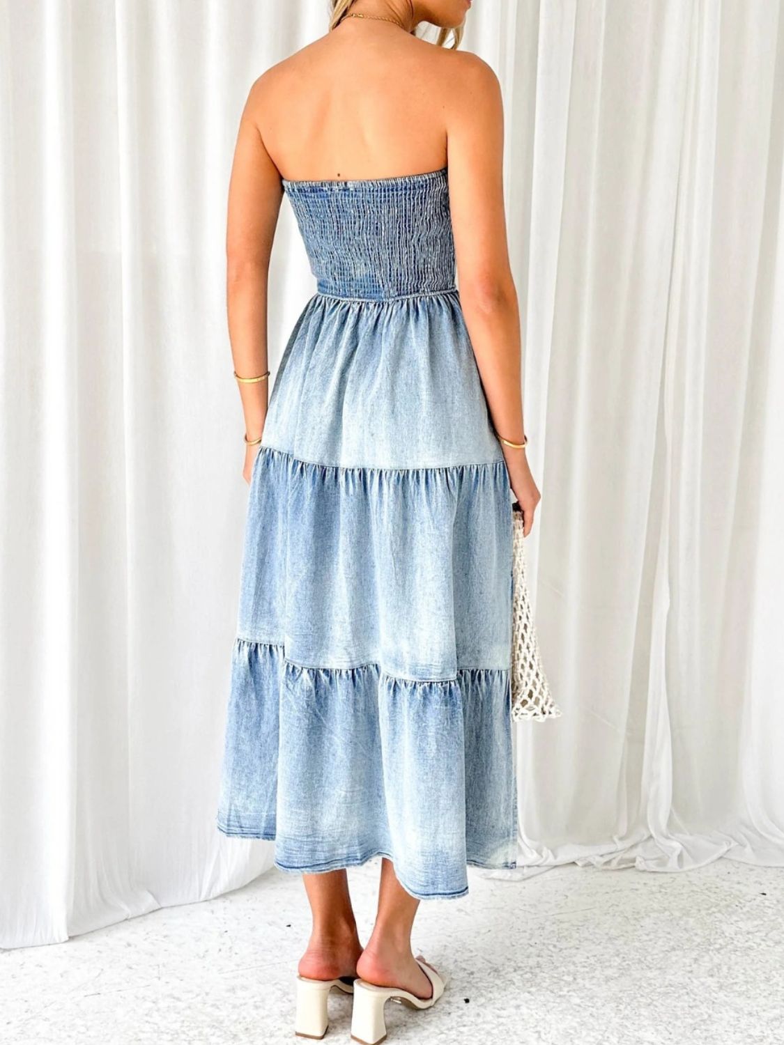 Slit Smocked Tube Tiered Denim Dress