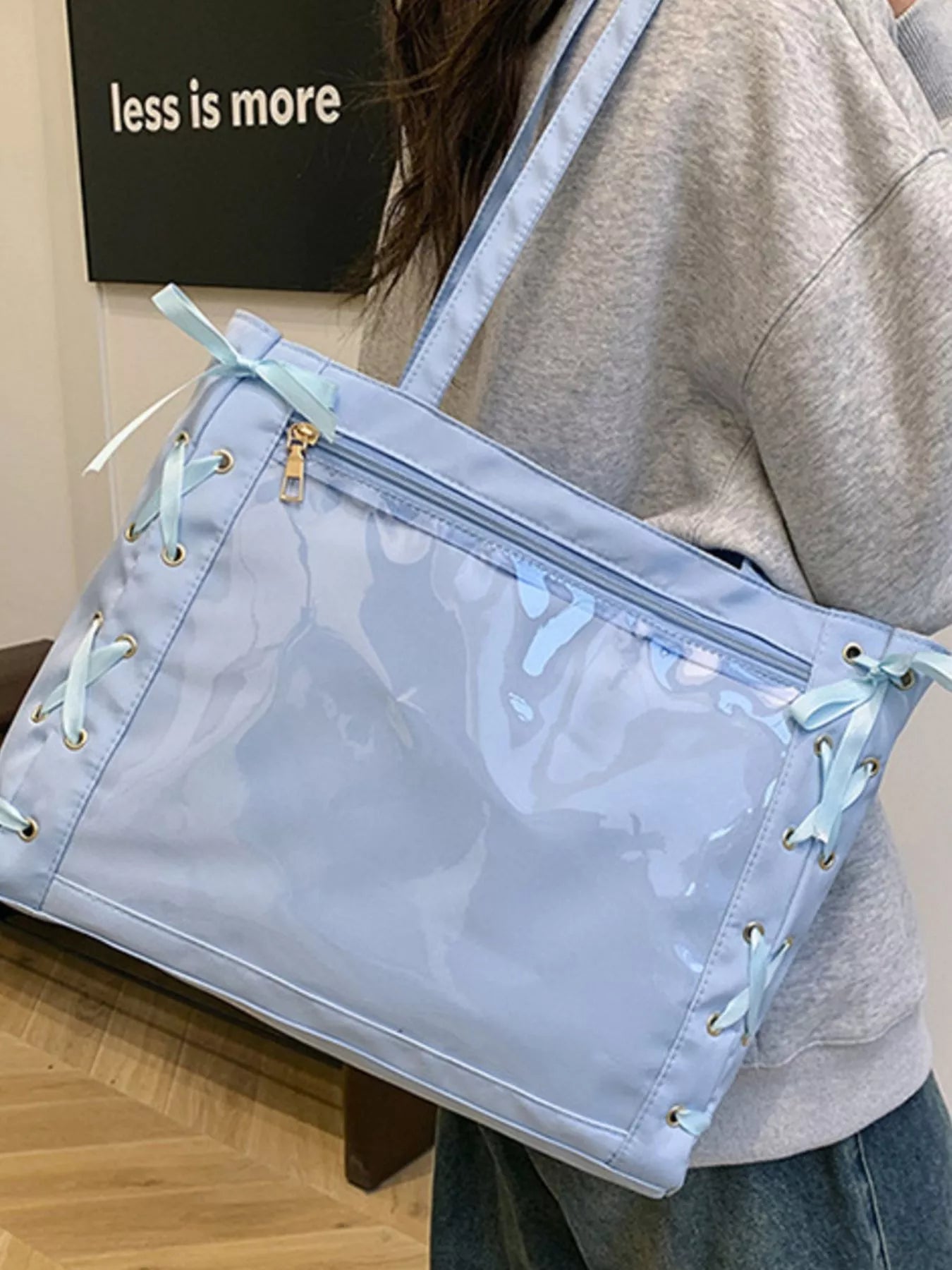 Lace-Up Trim Clear Panel Shoulder Bag OutfitFlow