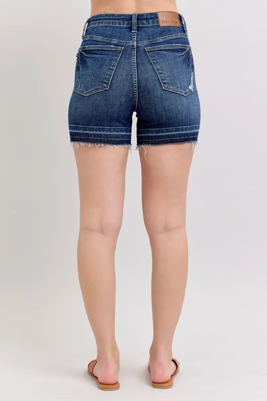 Judy Blue Full Size High Waist Tummy Control Destroy Release Hem Denim Shorts Plus Size OutfitFlow