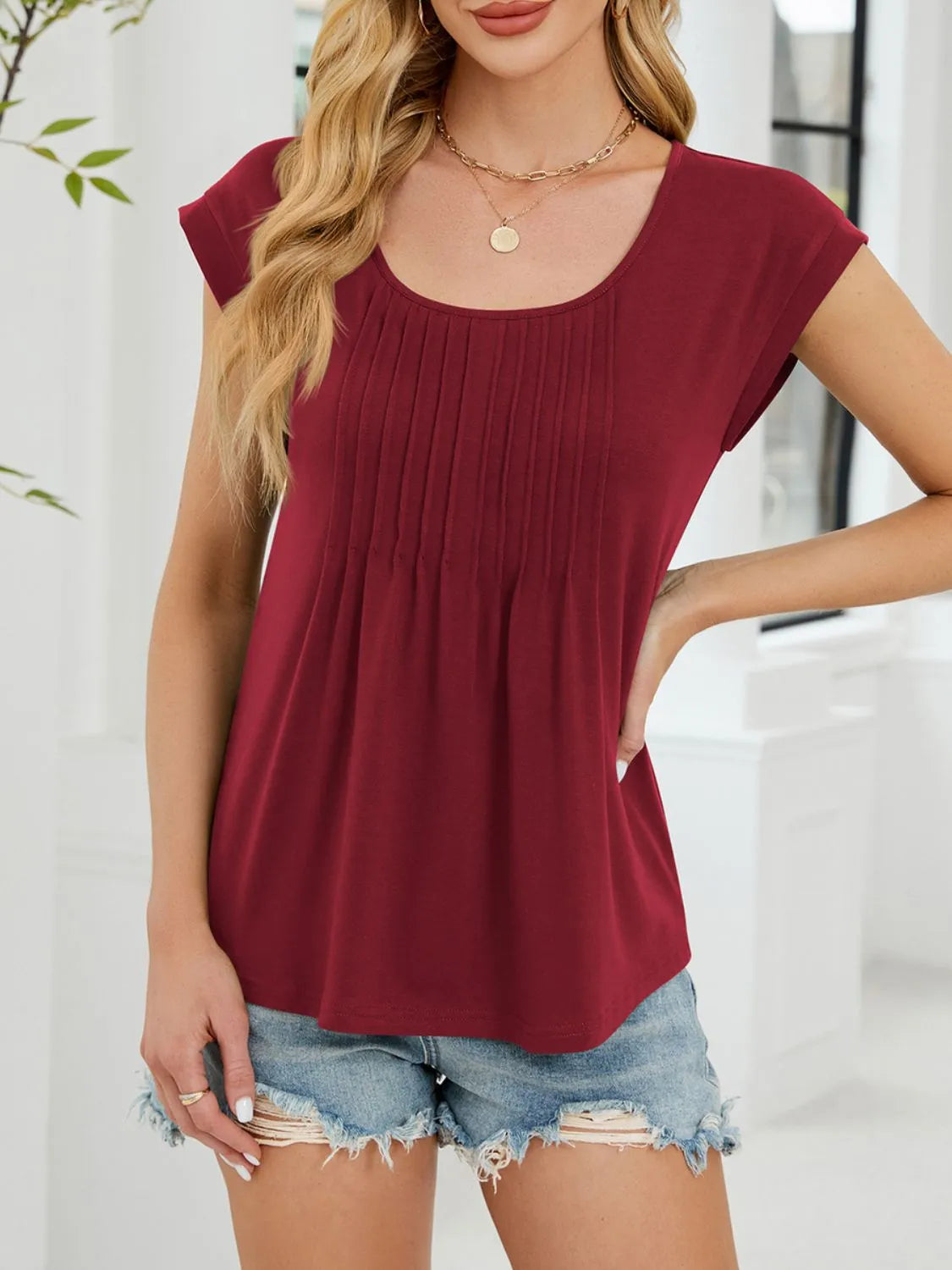 Pleated Front Scoop Neck T-Shirt OutfitFlow