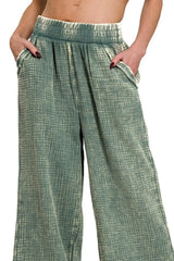 Zenana Washed Double Gauze Elastic Band Waist Pants OutfitFlow