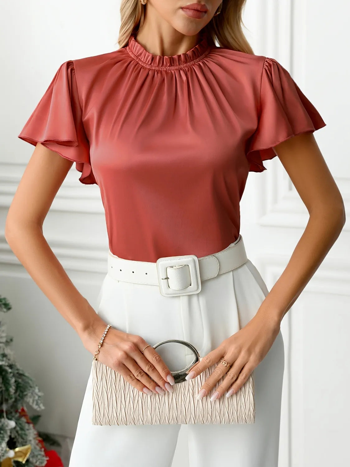 Mock Neck Flutter Sleeve Blouse Burnt Coral OutfitFlow