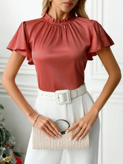 Mock Neck Flutter Sleeve Blouse Burnt Coral OutfitFlow