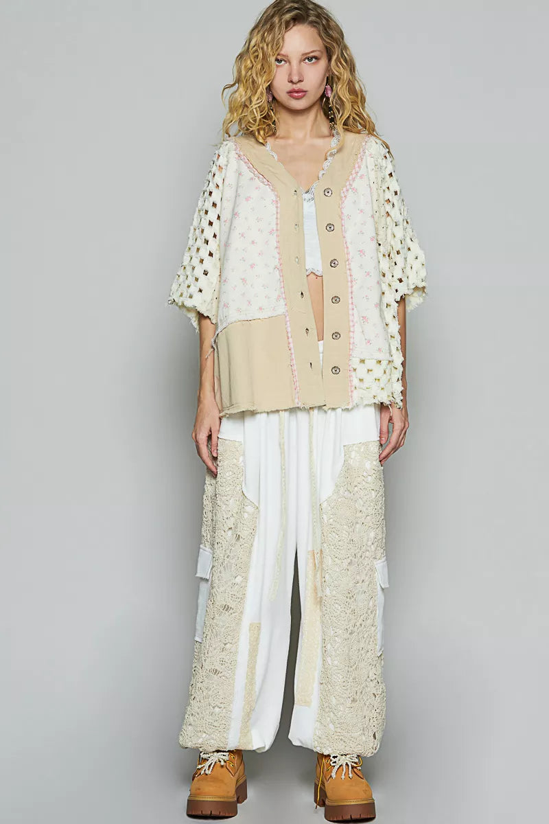 POL Button Down V-Neck Jacket with Printed Woven Patchwork OutfitFlow