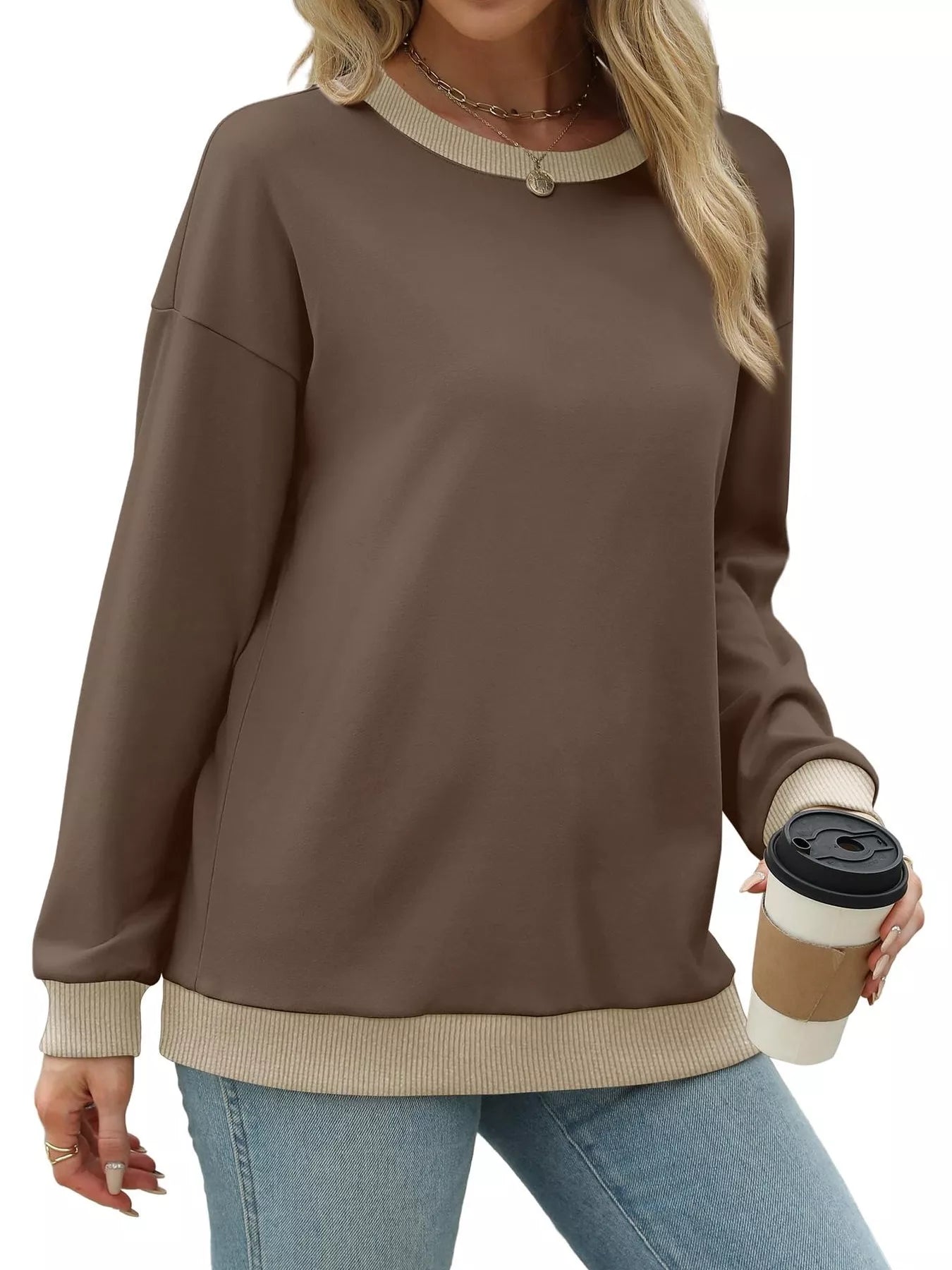 Contrast Trim Crew Neck Casual Sweatshirt OutfitFlow