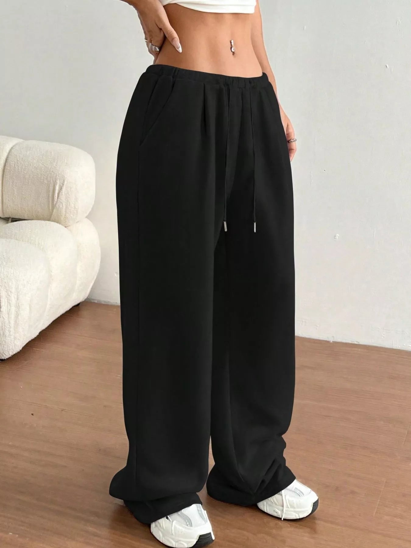 Casual Drawstring High Waist Wide Leg Sweatpants Black OutfitFlow