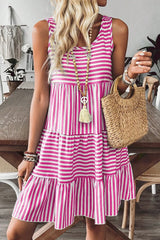 Stripe U Neck Sleeveless Loose Fit Mini Dress Hot Pink OutfitFlow