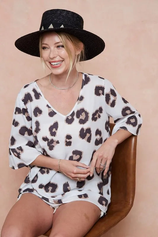 BiBi Leopard Printed V Neck Woven Top with Ruffled OutfitFlow