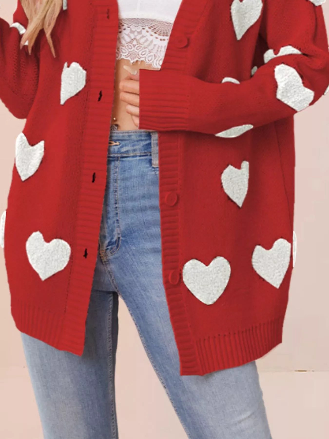 Heart Pattern Knit Button-Up Cardigan OutfitFlow