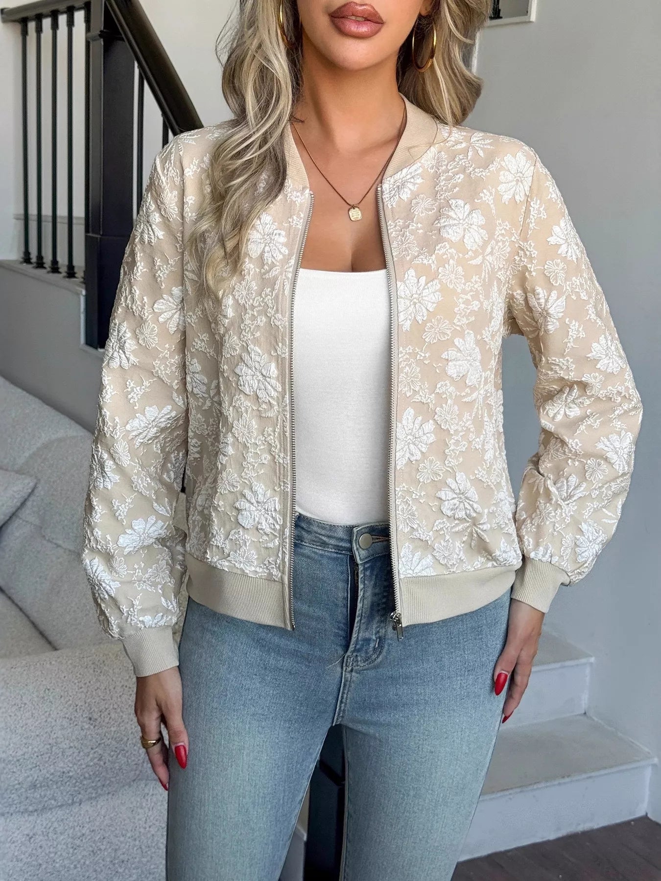 Floral Lightweight Zip Up Jacket Trendsi