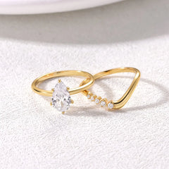 1.5 Carat Moissanite Teardrop Ring 2pcs Set Gold OutfitFlow