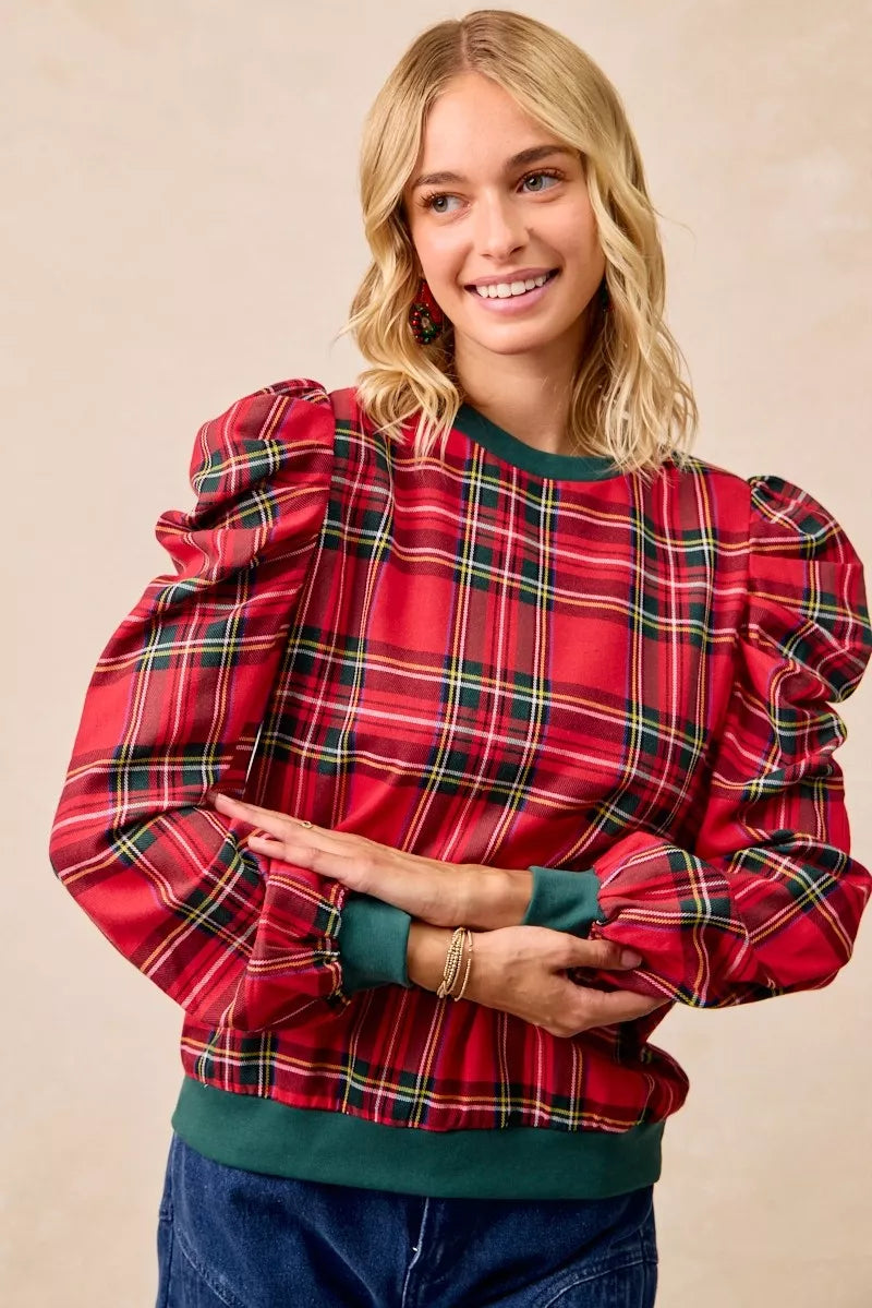BiBi Christmas Plaid Exaggerated Shoulder Sleeves Top OutfitFlow