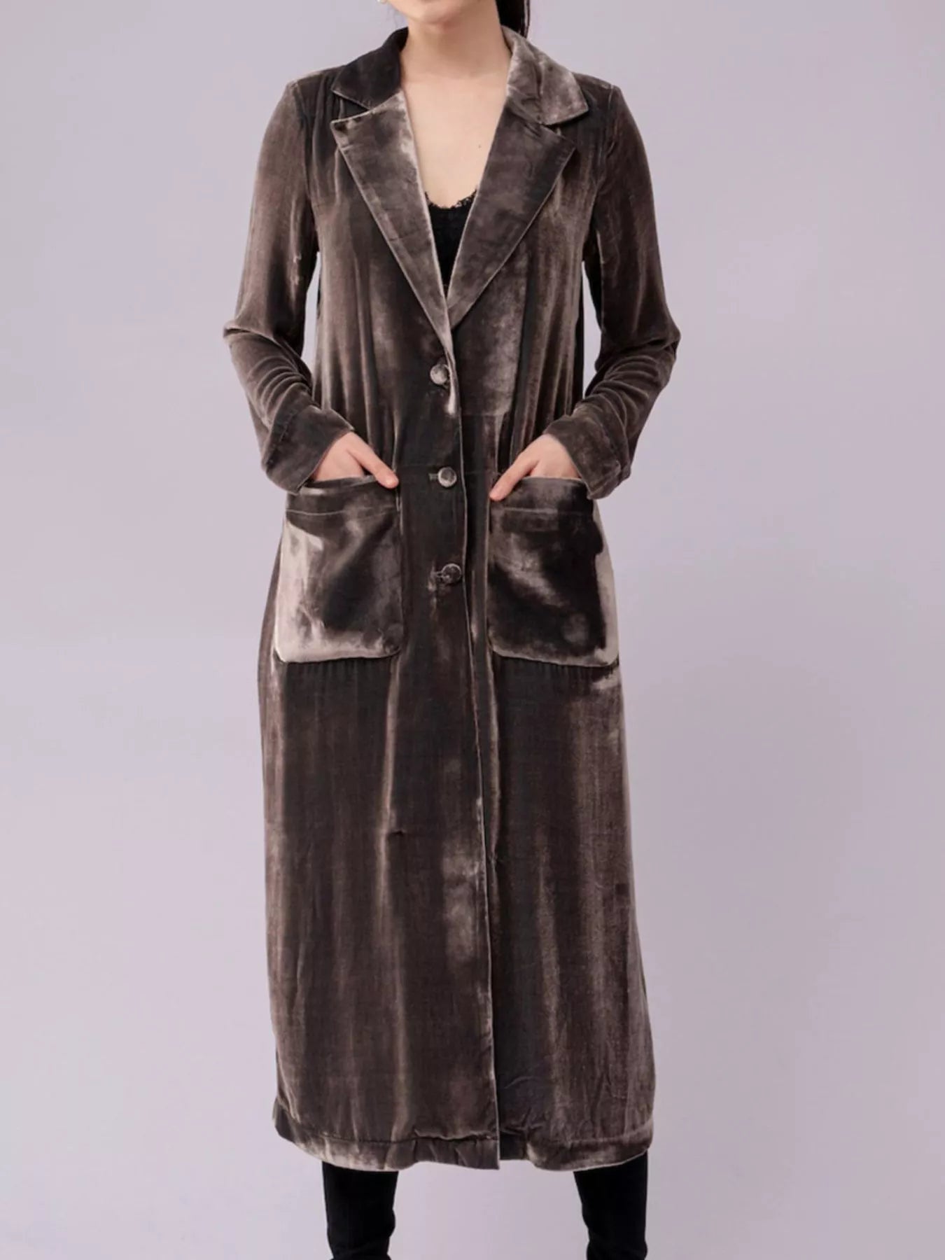Velvet Lapel Collar Longline Coat Trendsi