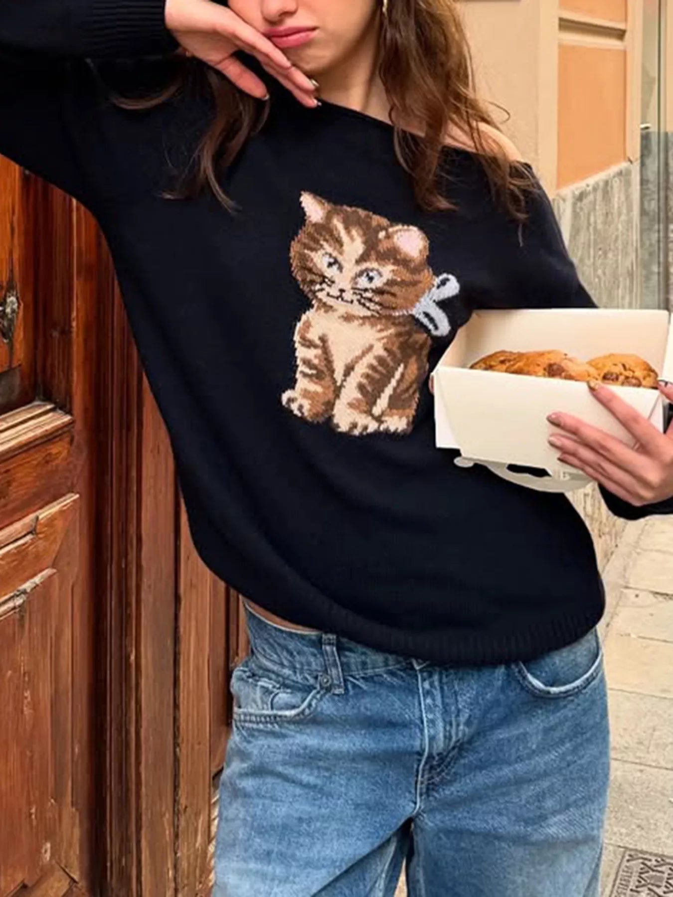 Cat One Shoulder Long Sleeve Sweater OutfitFlow