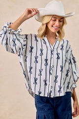BiBi Bow Ribbon Printed Woven Bubble Sleeves Top OutfitFlow