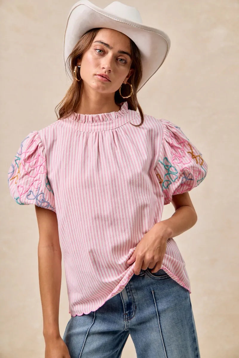 BiBi Embroidery Bubble Sleeve Top With Bottom Scallop Detail OutfitFlow