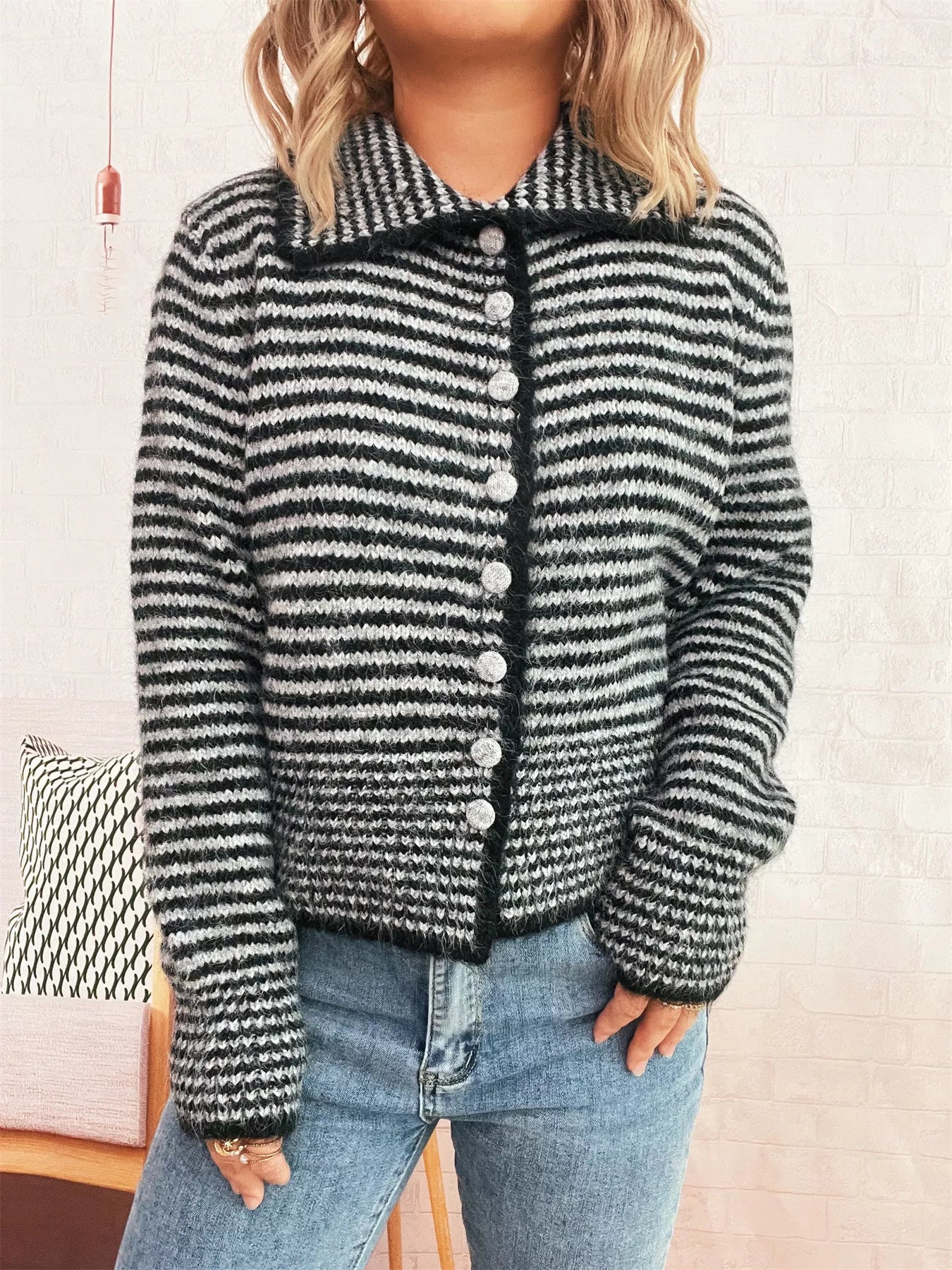 Striped Button-Up Long Sleeve Cardigan OutfitFlow