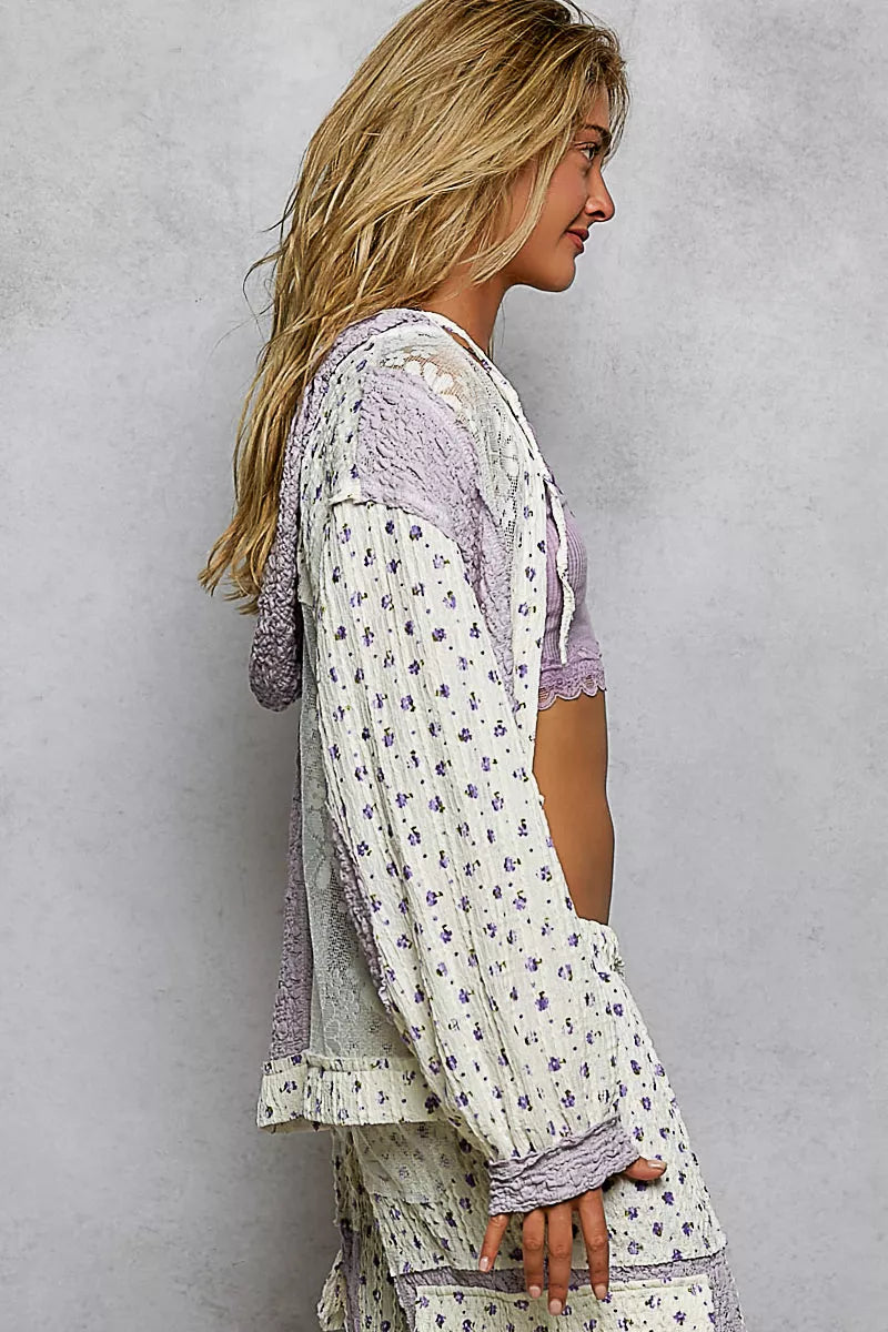 POL Floral Balloon Sleeve Hooded Lace Jacket with Stitch Detail OutfitFlow
