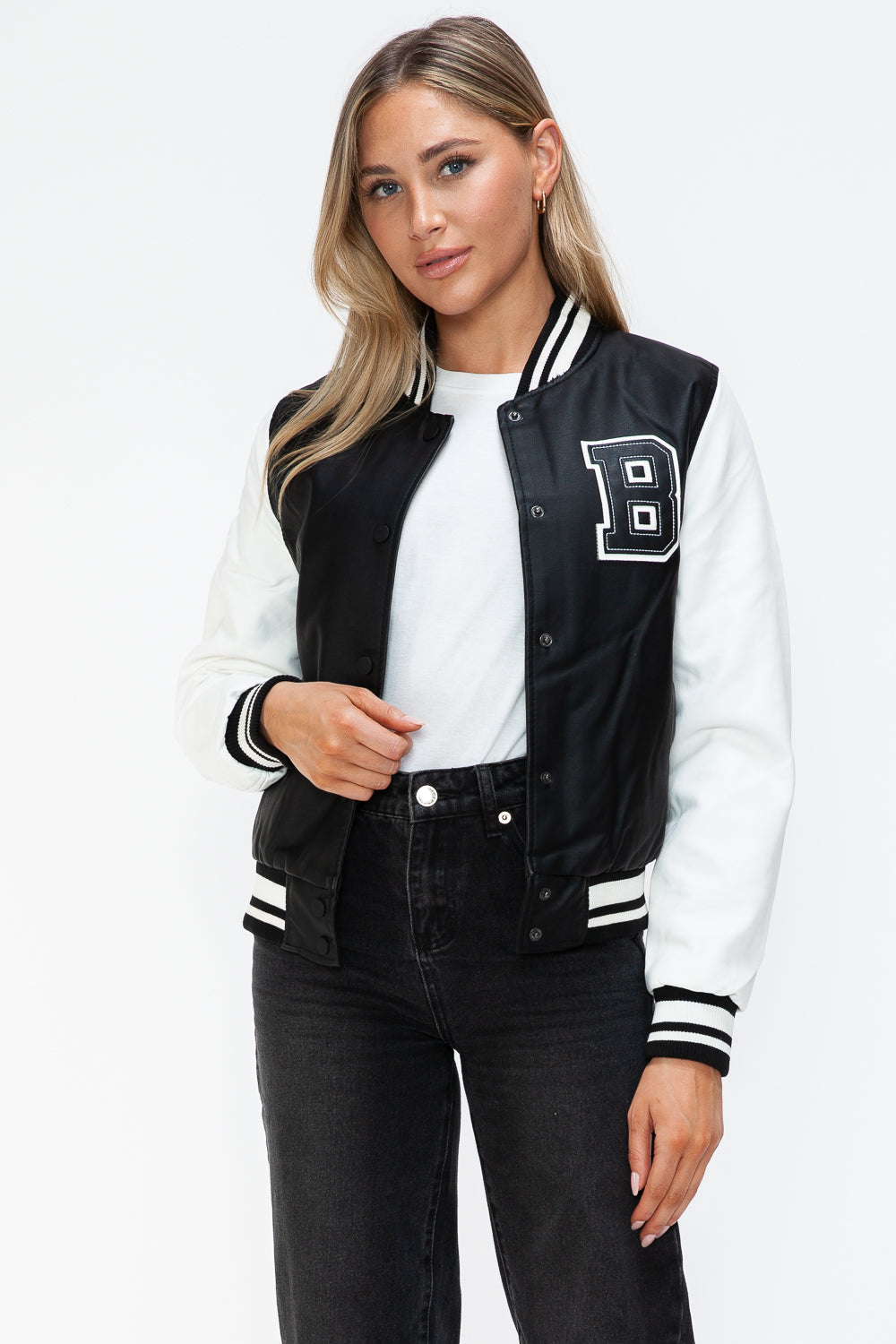 Outfit Flow - Love Me Now PU Leather Contrast Snap Down Bomber Jacket