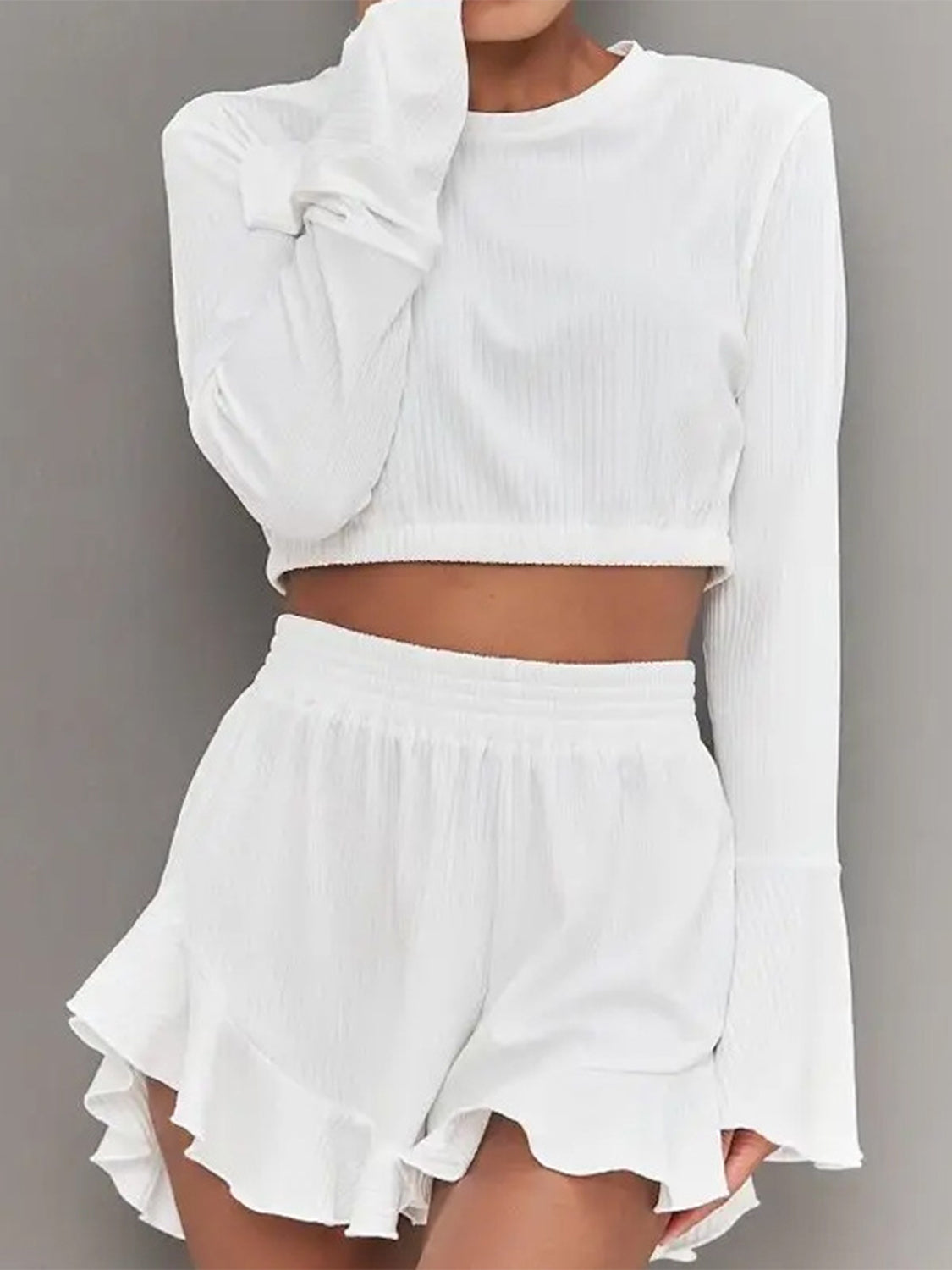 Outfit Flow - Round Neck Long Sleeve Top and Ruffled Shorts Set