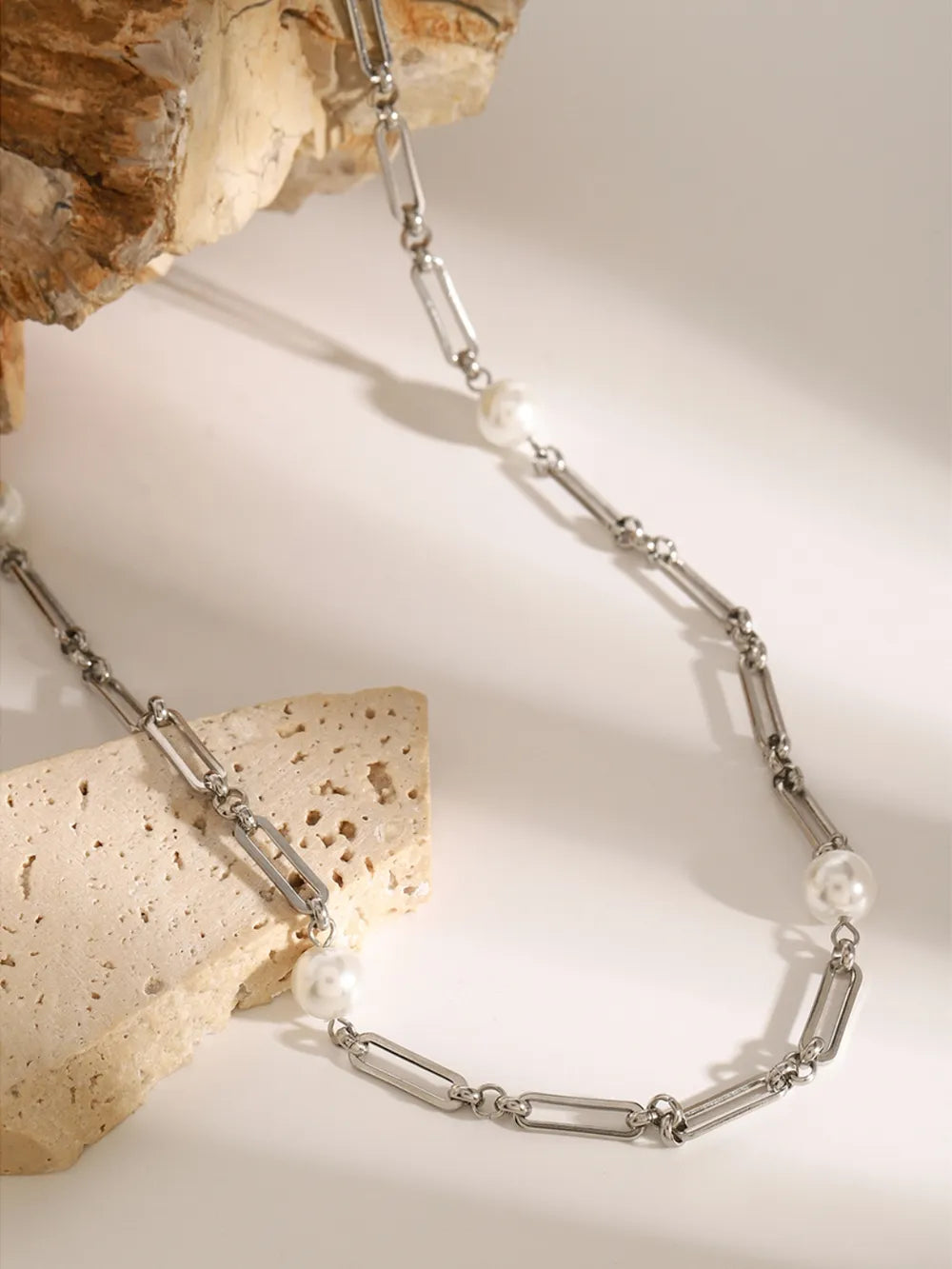 Stainless Steel Pearl Chain Necklace OutfitFlow