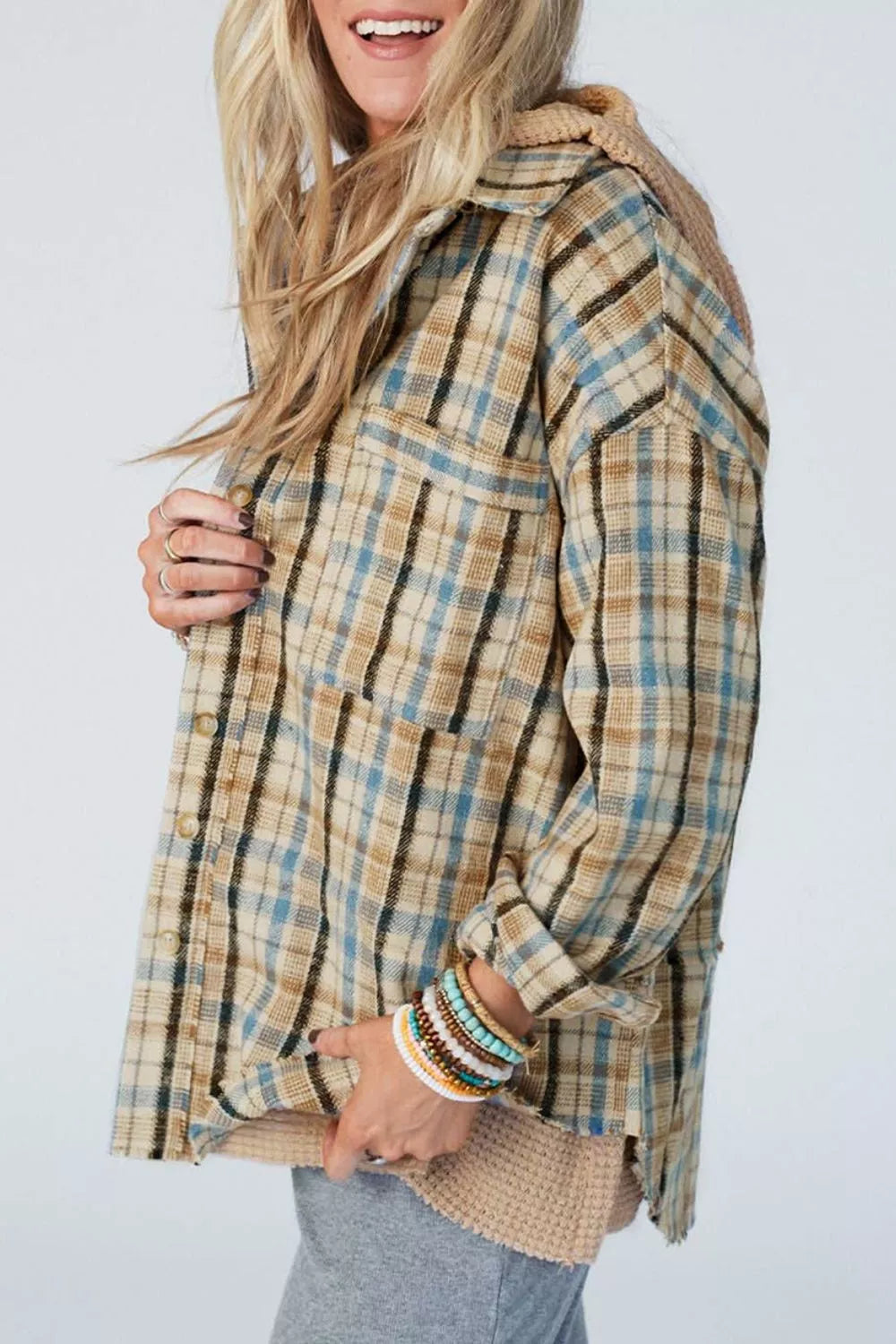 Plaid Drawstring Hooded Flannel Jacket OutfitFlow