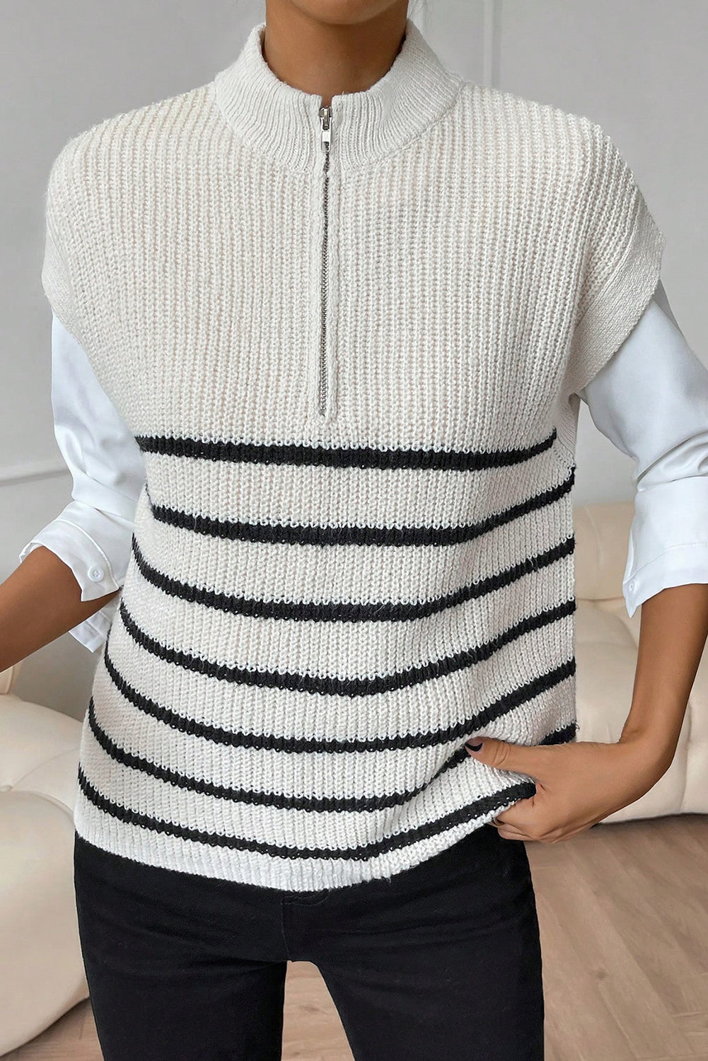 Striped Mock Neck Half Zip Sweater Vest